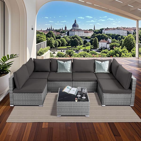 NOBLEMOOD Grey 7-Piece Wicker Patio Conversation Sectional Seating Set Grey Cushions