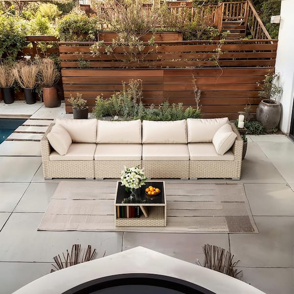 Unbranded 5-Piece Wicker Outdoor Sectional Set, Patio All-Weather Boho Conversation Set with Water Resistant Beige Thick Cushions