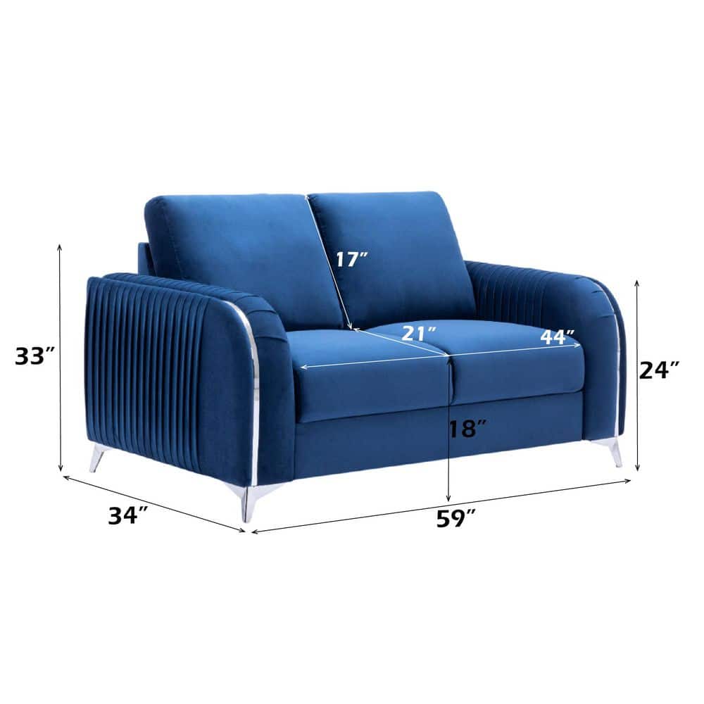 Wenona Blue Velvet Loveseat with Chrome Accents