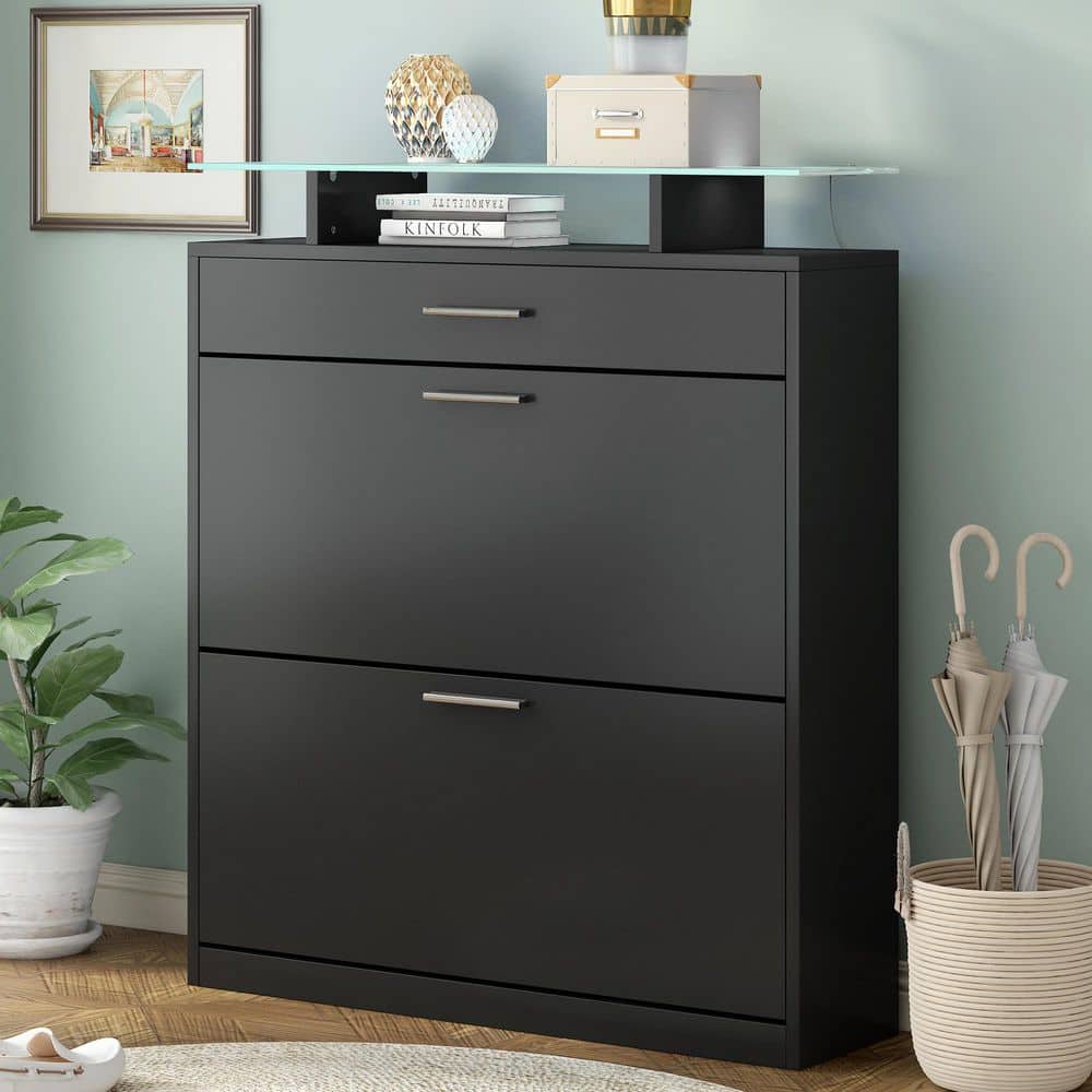 Silas 40.90 in. H x 35.00 in. W Black Wood Shoe Storage Cabinet with Flip Drawers, Glass Top, LED Light