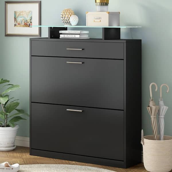 Silas 40.90 in. H x 35.00 in. W Black Wood Shoe Storage Cabinet with Flip Drawers, Glass Top, LED Light