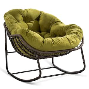 Hand-Woven Wicker Outdoor Rocking Chair with Padded Cushion in Olive Green