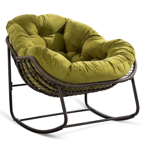 SUNRINX Hand-Woven Wicker Outdoor Rocking Chair with Padded Cushion in Olive Green