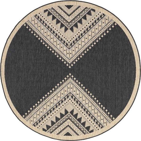 nuLOOM Landry Aztec Charcoal 7 ft. x ft. Indoor/Outdoor Round Rug