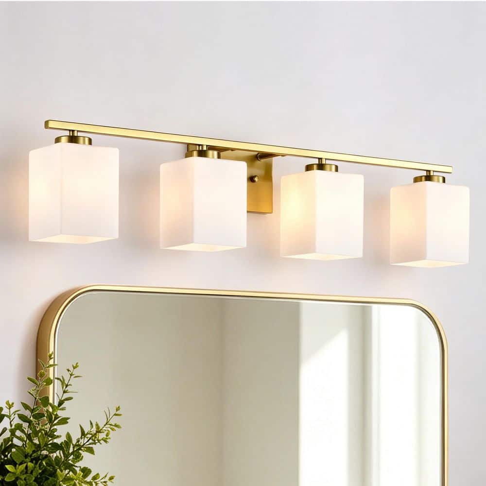 32 in. 4-Light Gold Indoor Hardwired Modern Bathroom Vanity Lights Fixture with Etched White Square Glass Shades price history on PriceWatchPro