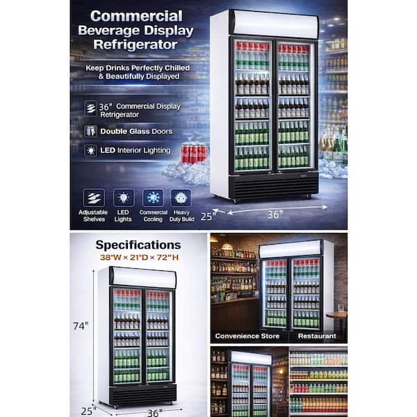 36 in. W 18 cu. ft. NSF Commercial Slim Upright Glass Door Drink Cooler Refrigerator in White