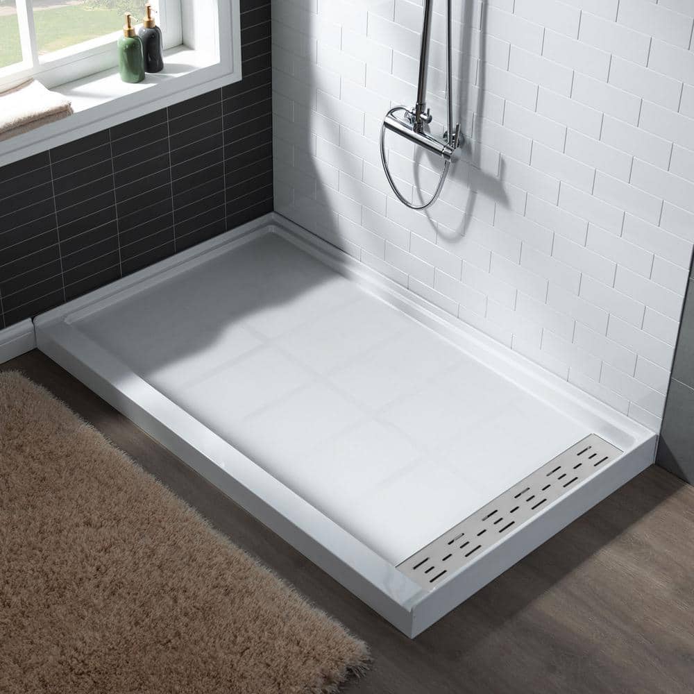 60" White Rectangular Shower Pan with Brushed Nickel Drain Cover
