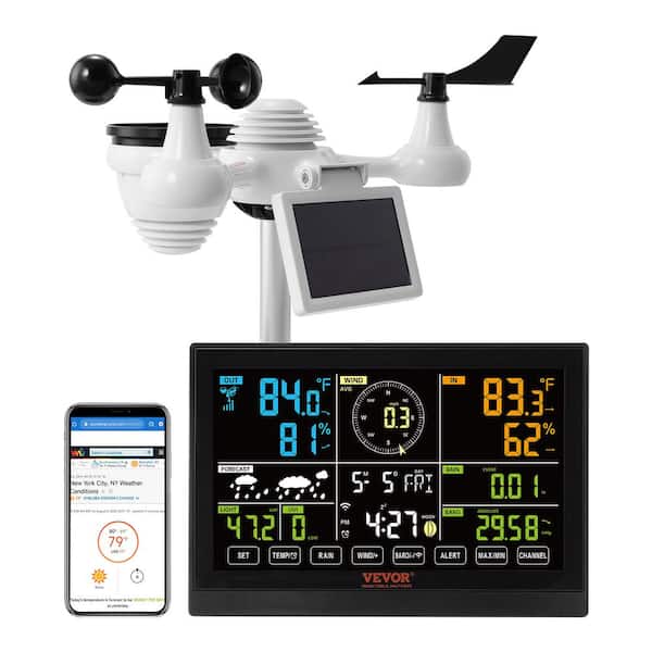 VEVOR 7-in-1 Wi-Fi Weather Station 7.5 in. Display Home Weather Station with Solar Wireless Sensor Alarm Alert for Temperature