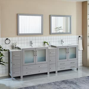 Brescia 96 in. W x 18 in. D x 36 in. H Bathroom Vanity in Grey with Double Basin Top in White Ceramic and Mirrors