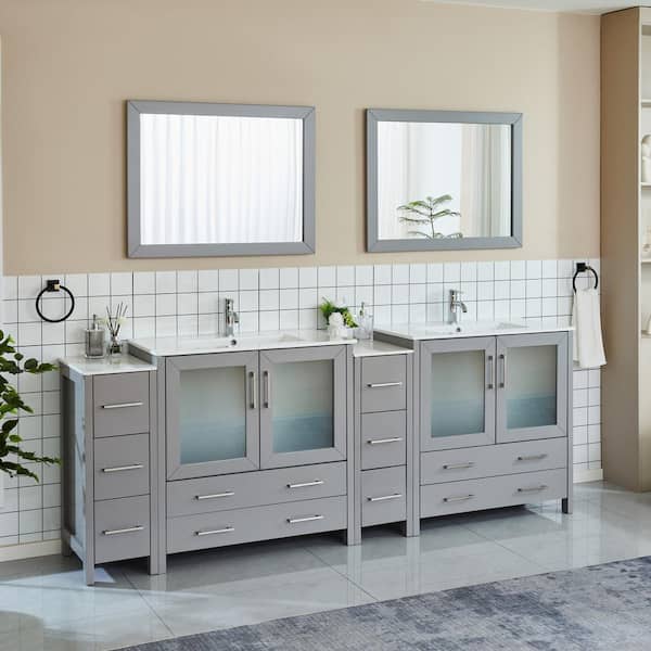 Brescia 96 in. W x 18 in. D x 36 in. H Bathroom Vanity in Grey with Double Basin Top in White Ceramic and Mirrors