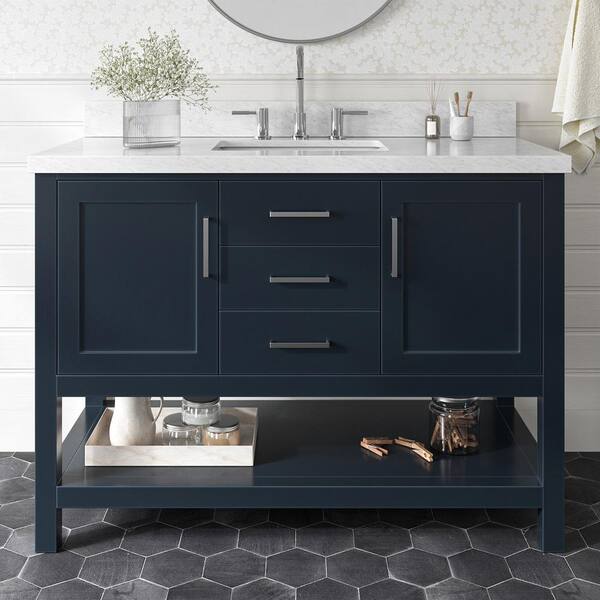 ARIEL Bayhill 49 in. W x 22 in. D x 36 in. H Bath Vanity in Midnight Blue with Carrara White Marble Top
