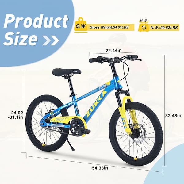 20 Boys and Girls' Blue and Yellow Mountain Bike for Age 7-10
