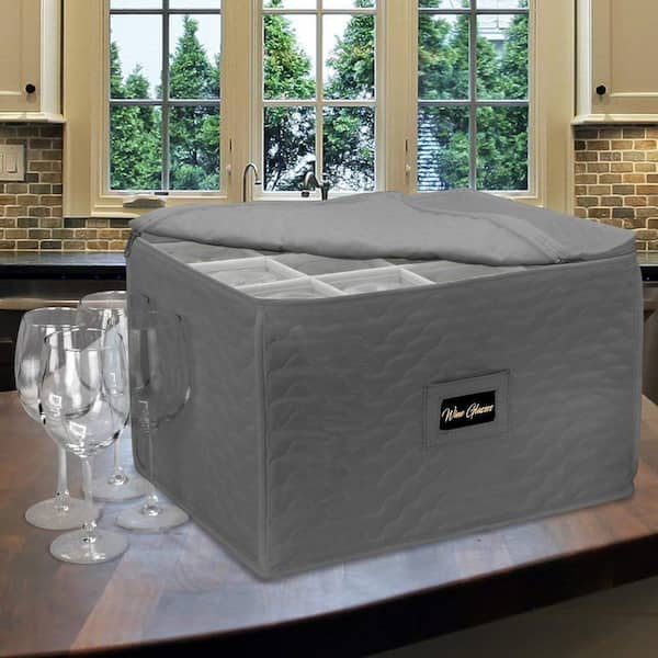 Stemware Storage Organizer Gray Polyester Stemware Organizer with Zip lock lid