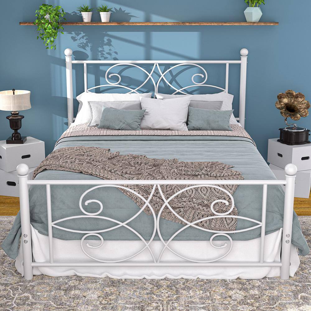 Victorian Style Bed White Metal Frame Full Platform Bed with Headboard and Footboard, Heavy Duty Mattress Foundation