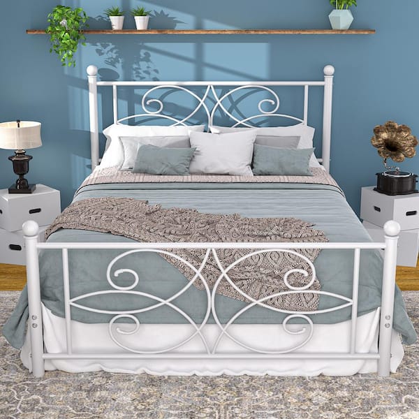 VECELO Victorian Style Bed White Metal Frame Full Platform Bed with Headboard and Footboard, Heavy Duty Mattress Foundation