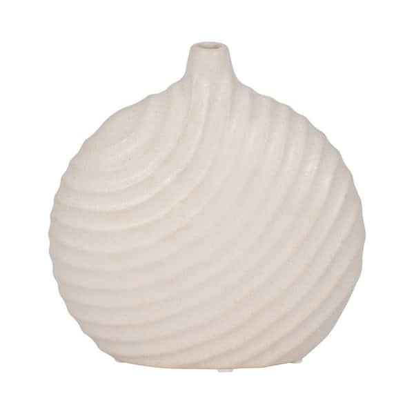 Liv & Skye 8 in. White Ceramic Round Swirled Matte Finish Decorative Vase