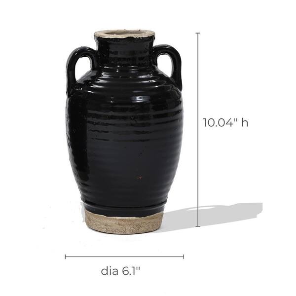 LuxenHome 10 in. Black Jug Tall Terracotta Vase with Two Handles