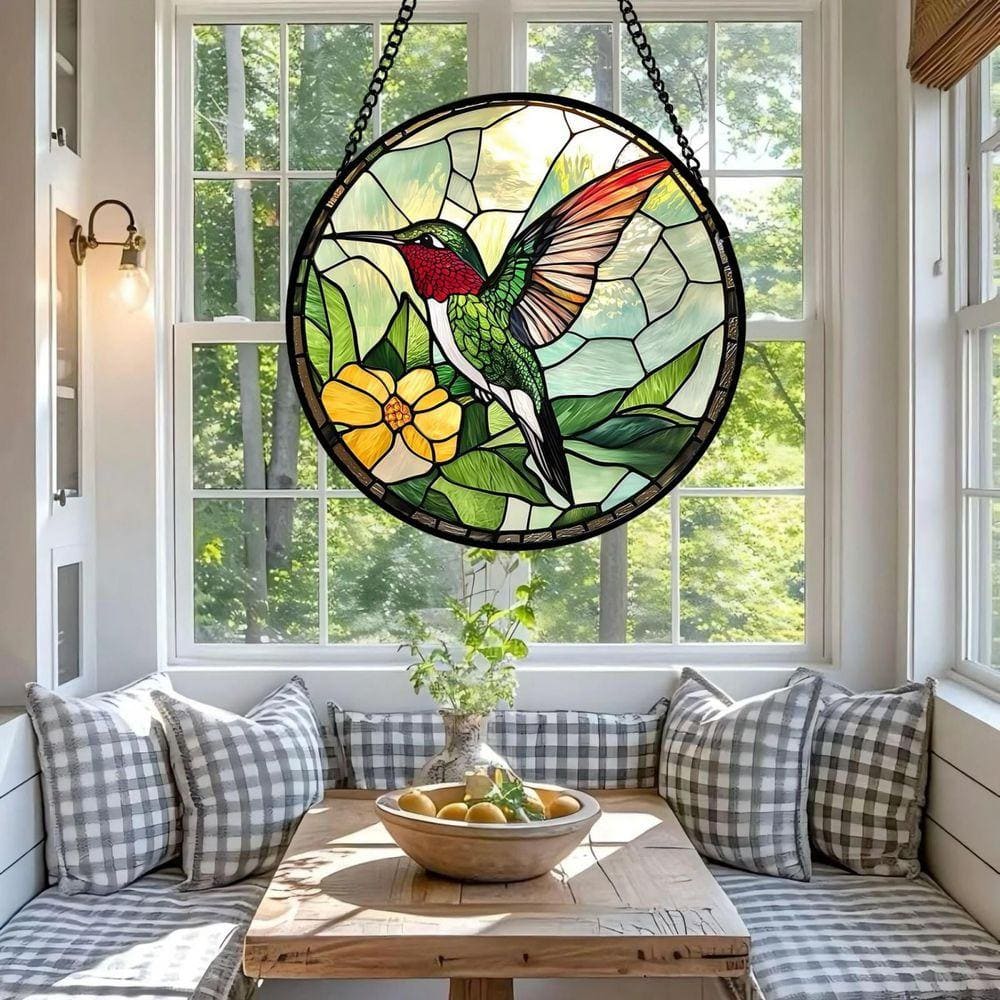 Green Hummingbird Sun Catcher Stained Glass Art Glass Window