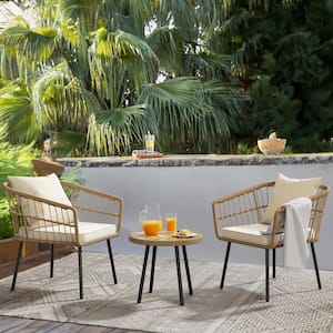 3-Piece Wicker Patio Conversation Set with Table and Beige Cushions