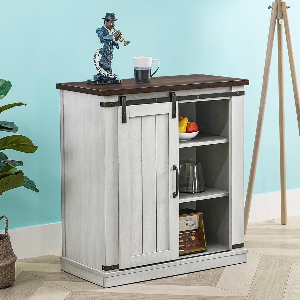 Coast-to-Coast Barn Door TV Stand in Off-White with Adjustable Shelves