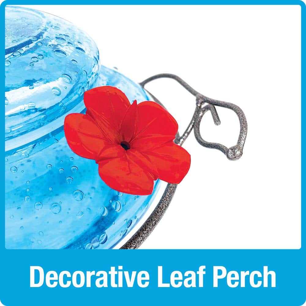 Hand Blown Blue Glass Hanging Hummingbird Feeder, 16 oz
