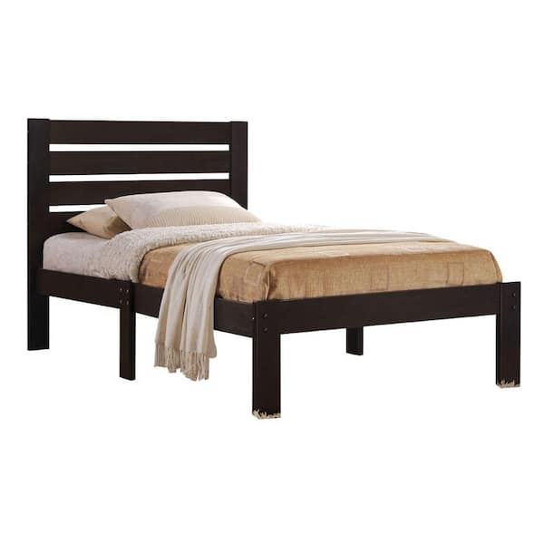 Benjara Brown Metal Frame Twin Platform Bed with Slatted Headboard