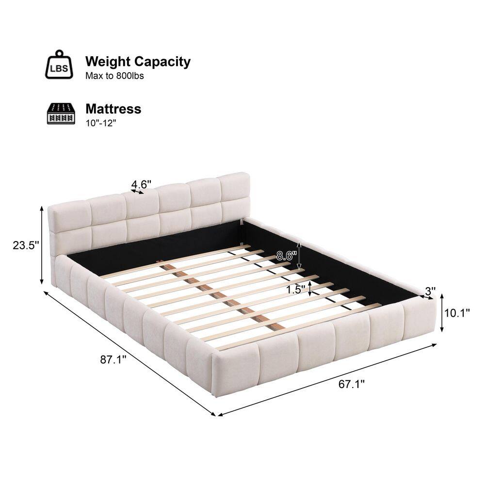 Beige Wood Frame King Size Chenille Upholstered Platform Bed Grounded Bed with Tufted Headboard - thumbnail 5