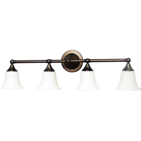 Volume Lighting 4-Light Indoor Florence Bronze Bath or Vanity Light Wall Mount or Wall Sconce with Etched White Cased Glass Bell Shades