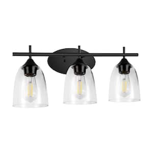 Farmhouse Vintage 20 in. 3-Light Matte Black Vanity Light with Clear Glass Shades (Bulbs Not Included)