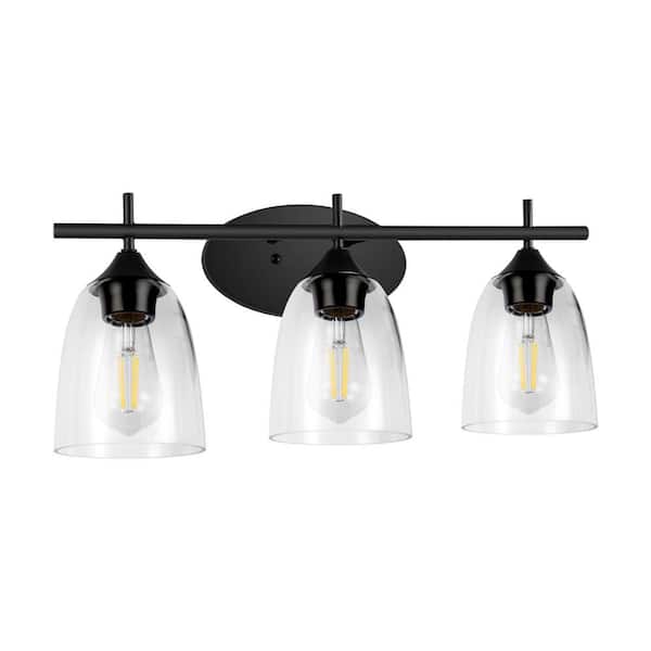 Briignite 20 in. 3-Light Matte Black Vanity Light with Clear Glass Shades (Bulbs Not Included)
