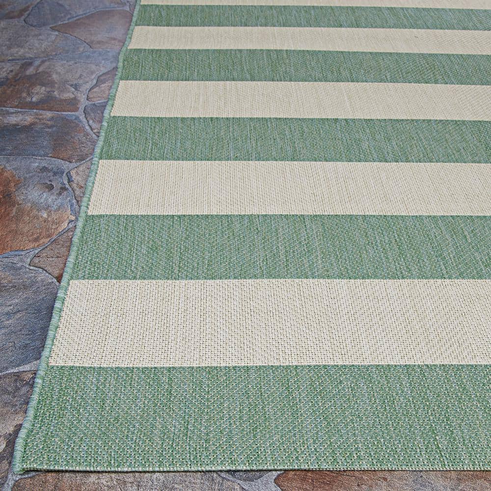 Sea Mist and Ivory Stripe Synthetic 5'3" x 7'6" Outdoor Rug