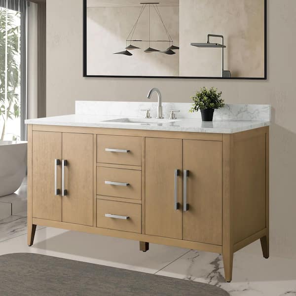 60 in. W x 22 in. D x 34 in. H Single Sink Bathroom Vanity Cabinet in Natural Oak with Engineered Marble Top