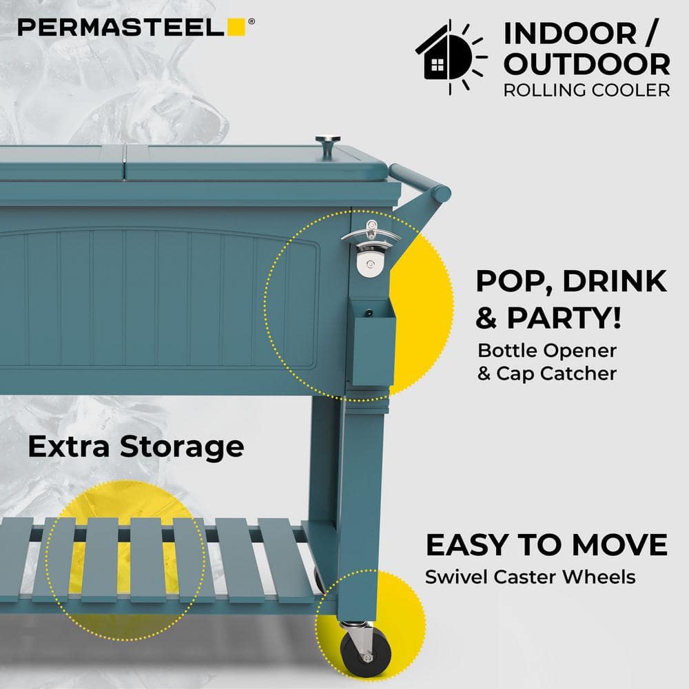 Teal Antique Rolling Wood Patio Cooler with Wheels
