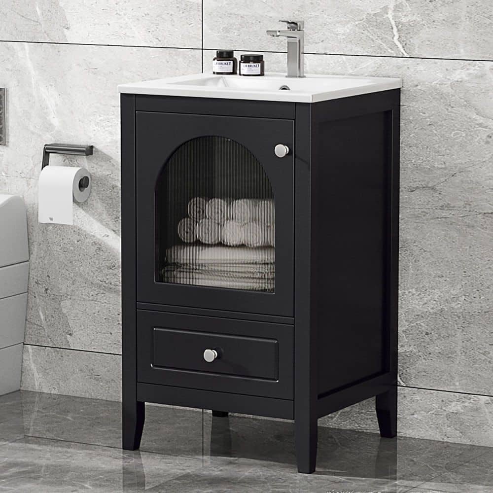 20 in. Single Sink Freestanding Black Bath Vanity with White Ceramic Top, Stainless Steel Hinges price history on PriceWatchPro