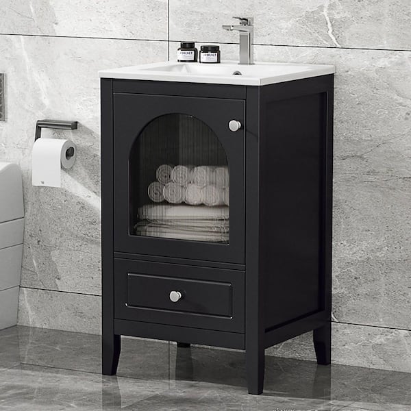 20 in. Single Sink Freestanding Black Bath Vanity with White Ceramic Top, Stainless Steel Hinges