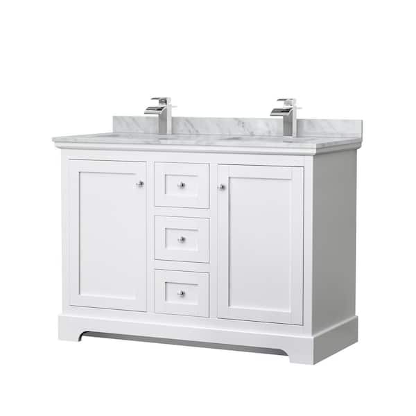 Wyndham Collection Avery 48 in. W x 22 in. D Double Vanity in White with Marble Vanity Top in White Carrara with Square Basins