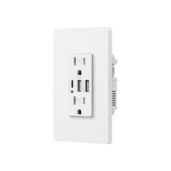 White 15 Amp Tamper Resistant Receptacle Outlet with 3-Port USB Wall Outlet -1 Pack