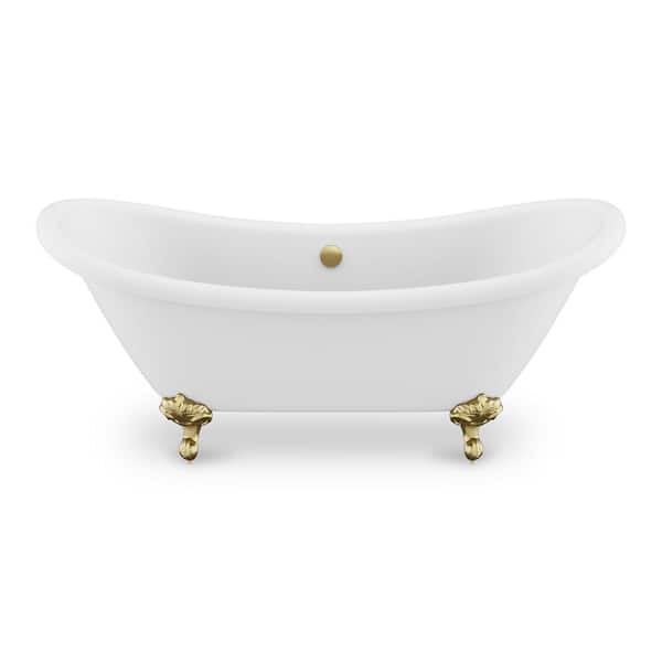 ANZZI Falco 69.68 in. One Piece Acrylic Clawfoot Freestanding Soaking Bathtub in Glossy White with Brushed Gold Feet