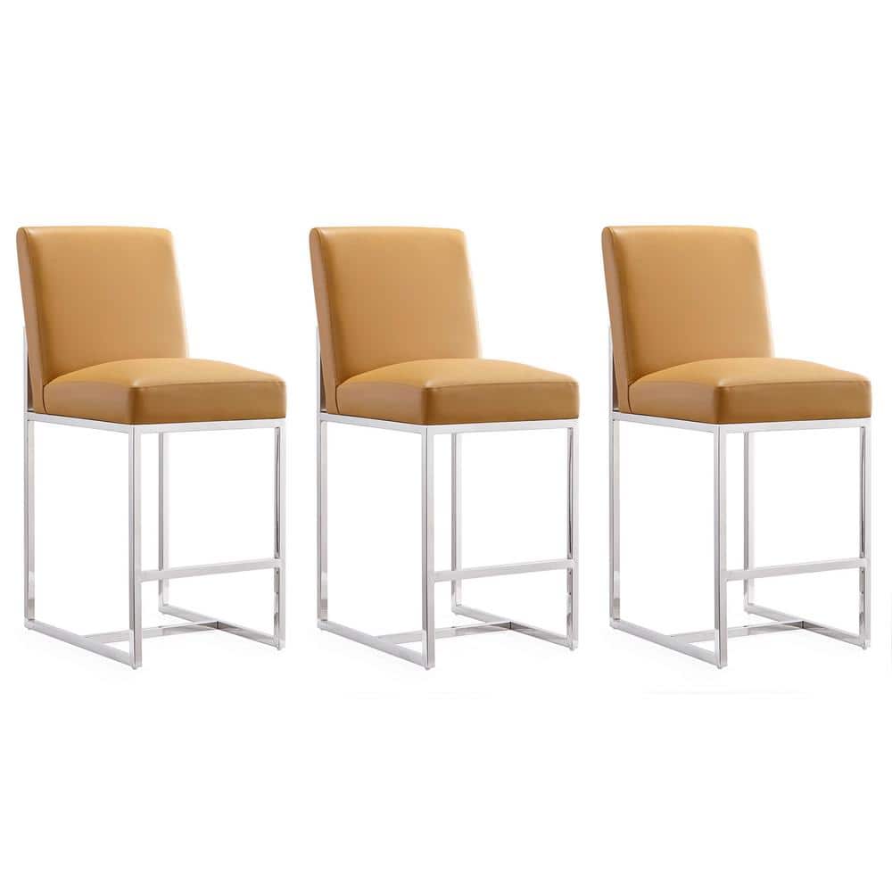 Camel Faux Leather & Polished Chrome Counter Stool, Set of 3