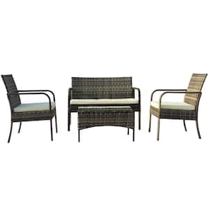 Carney 4-Piece Gray Wicker Patio Conversation Set with Square Table and Beige Cushions