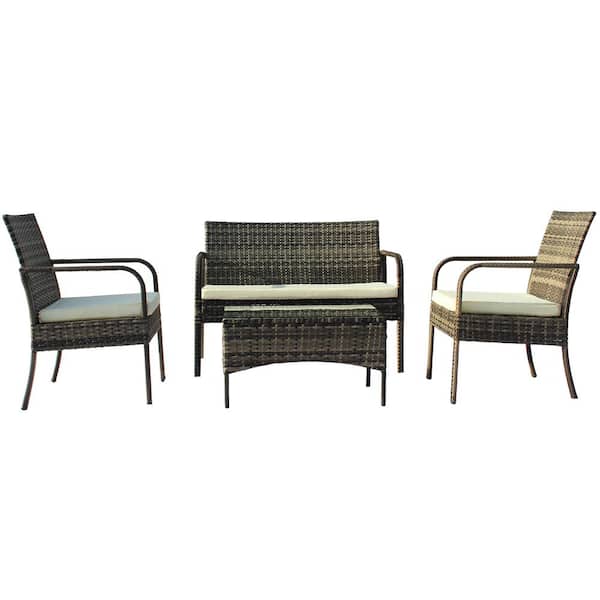 Inner Decor Carney 4-Piece Gray Wicker Patio Conversation Set with Square Table and Beige Cushions