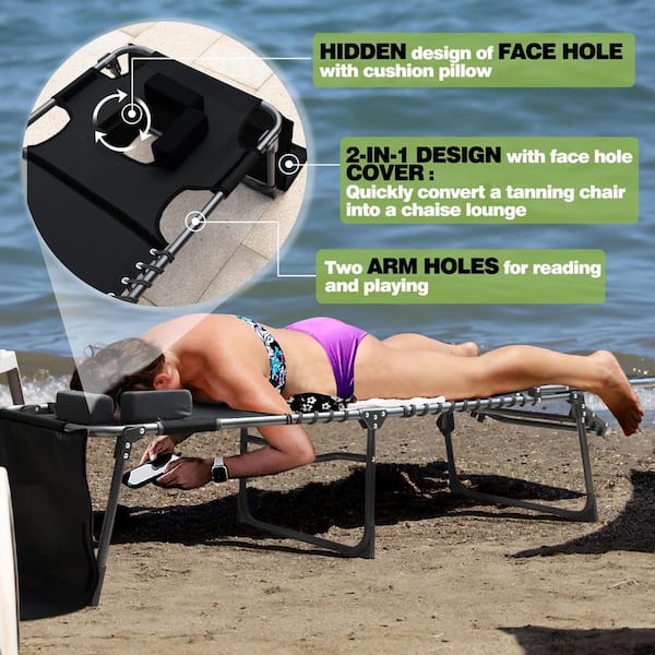 Chaise Lounge Chairs for Outside Tanning Chair with Face Hole, Pillow and Side Pocket, Black