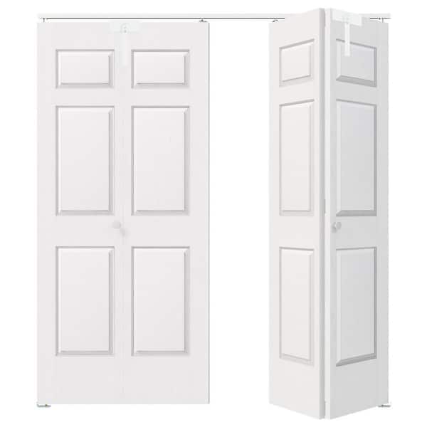 60 in. x 80 in. 6-Panel White Textured Hollow Core MDF Composite Double Bi-Fold Doors with Locks and Hardware Sets