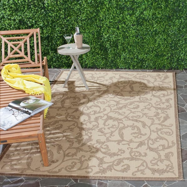 Courtyard Natural/Brown 9 ft. x 12 ft. Border Indoor/Outdoor Patio  Area Rug