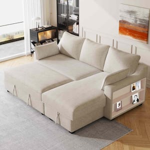 90 in. Square Arm Chenille L -Shaped Sofa with Storage Chaise in Beige