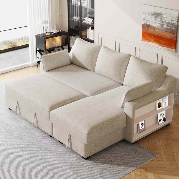 Polibi 90 in. Square Arm Chenille L -Shaped Sofa with Storage Chaise in Beige