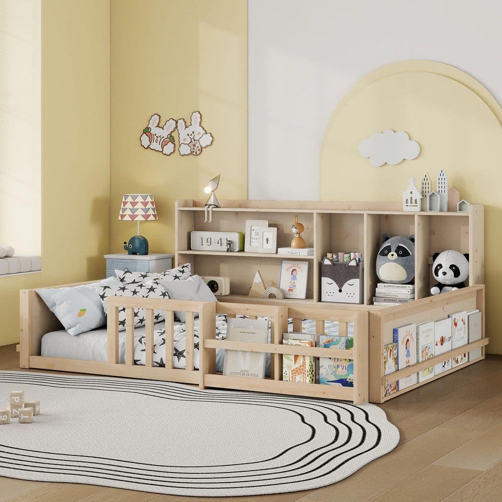 Modern Floor Bed Natural Brown Wood Frame Full Kids Platform Bed with Storage Shelves and Guardrail Fence