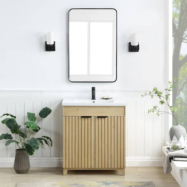 ROSWELL Palos 29.9 in.W x 18.1 in.D x 34.8 in.H Single Sink Bath Vanity in Natural Brown with White Ceramic Basin Top