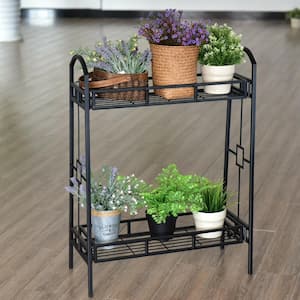 32 in. Tall Indoor Outdoor Black Steel Plant Stand (2-Tiered)