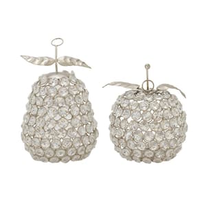 Silver Metal Decorative Fruit Sculpture with Crystal Embellishments (Set of 2)